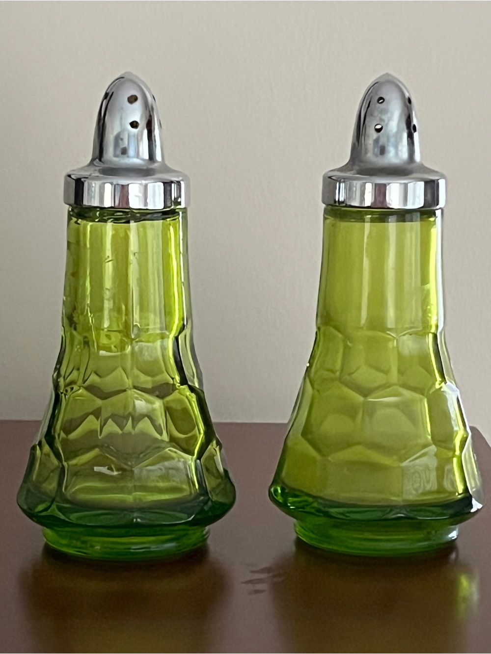 Viking Georgian Green Glass Salt & Pepper Shakers 5.25” Mid Century Set